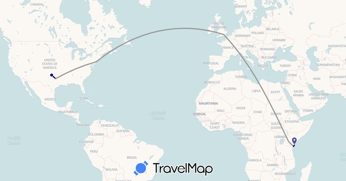 TravelMap itinerary: driving, plane in United Kingdom, Kenya, United States (Africa, Europe, North America)